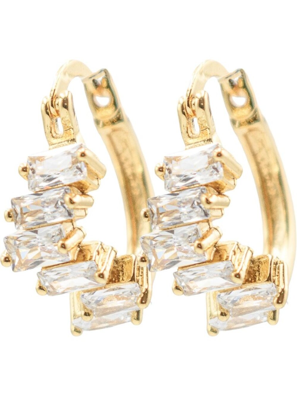 Stunning Asymmetrical Baguette CZ Huggie Hoop Earrings, 18k Gold Filled, White
